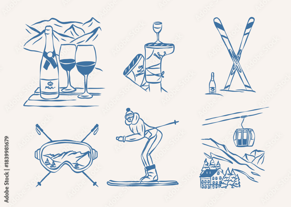 Naklejka premium Vintage hand drawn apres ski elements set