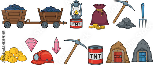 Mining tools and treasure vector set with coal carts, crystals, TNT, gold, helmets, pickaxes and mine entrances
