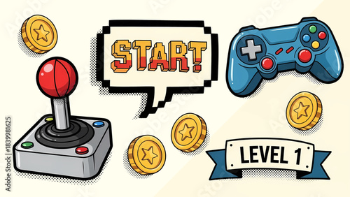 Retro gaming elements: classic joystick modern controller pixel START bubble LEVEL 1 banner gold coins.