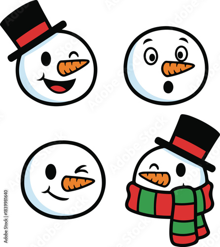 A collection of four cute vector snowman face illustrations depicting various expressions including winking, surprised, and smiling, with accessories like top hats and a striped scarf.