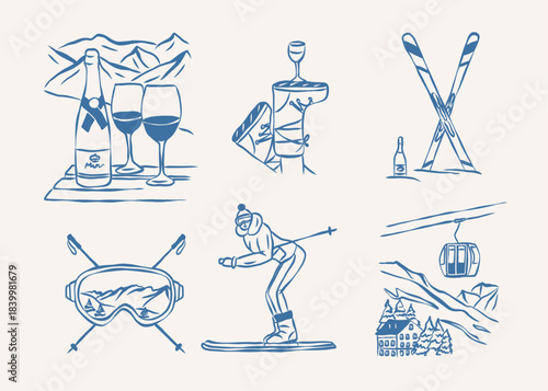 Vintage hand drawn apres ski elements set