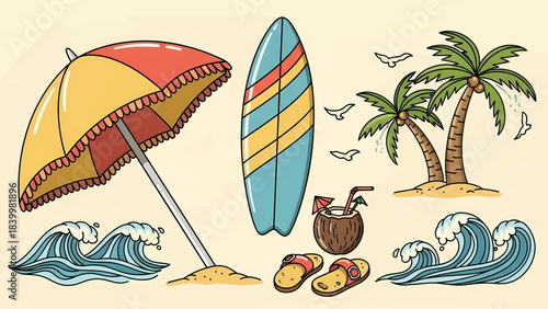 Colorful Hand-Drawn Summer Beach Vacation Elements Set.