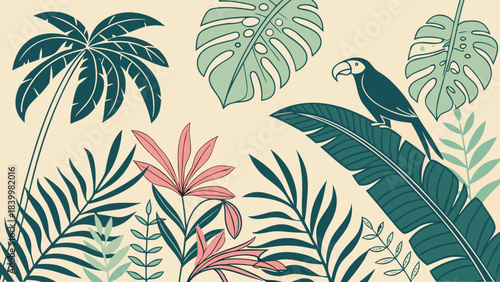 Illustration of a toucan perched on a banana leaf amidst tropical plants and palm trees art
