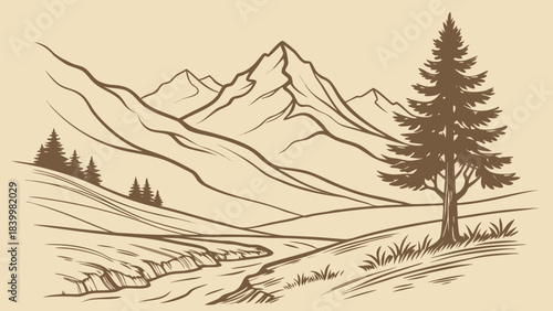 Illustration of a mountain range with a river and a large pine tree in a monochrome color scheme