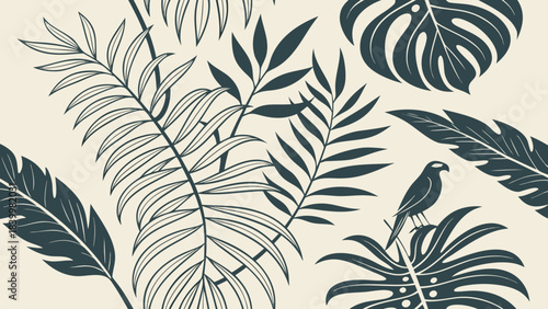 Illustration of tropical leaves and a bird in dark teal against a light beige background design art