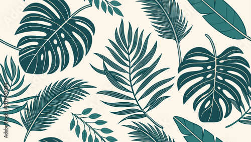 Tropical foliage pattern featuring monstera and palm leaves in shades of green on a light background