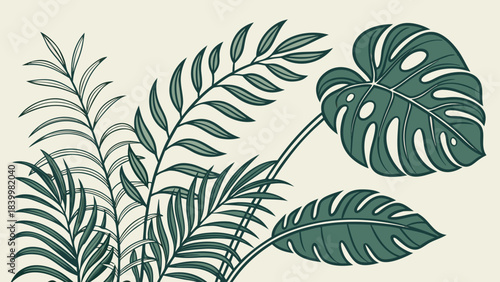 Illustration of several green tropical leaves including monstera and palm fronds on light background