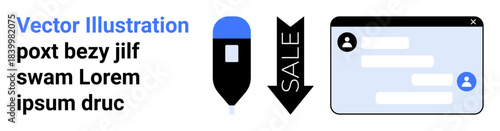 Digital marketing, online sales, virtual consultation, chatting platforms, e-commerce, customer interaction. Chat interface, sale arrow and icon. Digital marketing and online sales concept