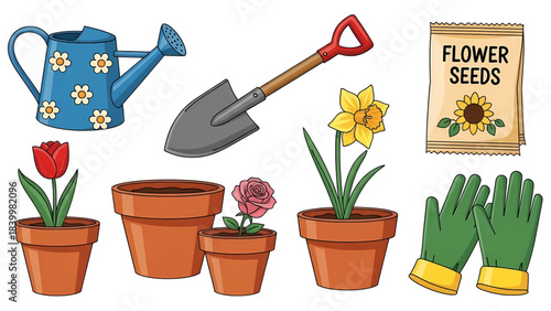 Collection of gardening tools potted flowers and flower seeds for planting.