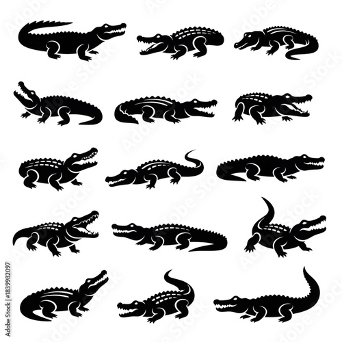 A comprehensive collection of dynamic crocodile and alligator silhouettes, showcasing various predatory poses and powerful forms, ideal for wildlife graphics and aggressive animal design themes
