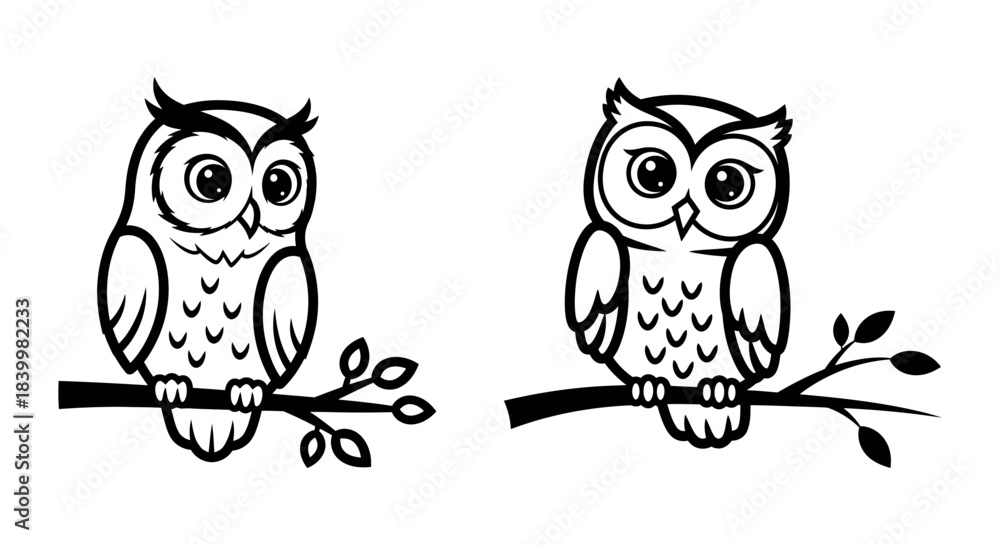 Fototapeta premium Charming black and white owl illustrations perched on branches, perfect for nature-themed designs, educational content, or adorable children's artwork and logos