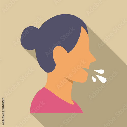 Woman's profile with open mouth expelling white droplets, representing speech or cough