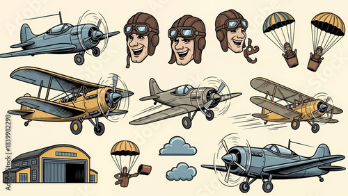 Vintage Aviation Elements Collection: Retro Airplanes Pilots Parachutes and Hangar Illustration Set.