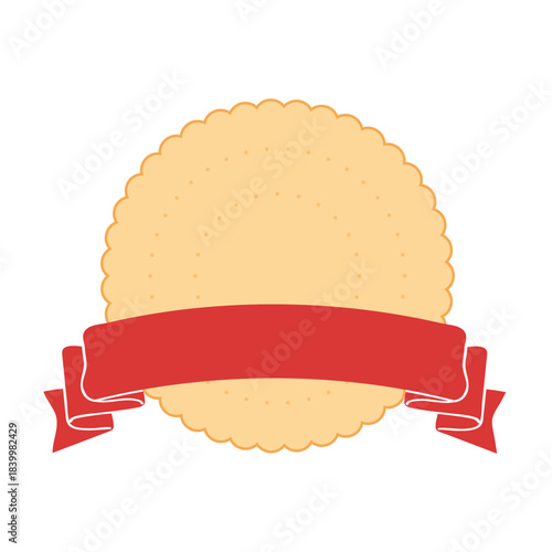 赤いリボンとクリーム色のビスケット風メダル / 円形フレーム / メダル型の装飾ラベル / タイトル見出しやランキング表示用のシンプルなベクターイラスト