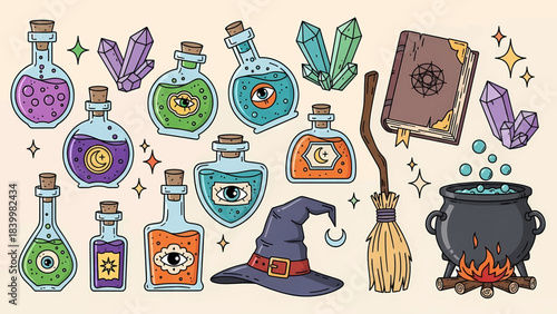 Witchcraft Magic Potion Bottles Spellbook Hat Broom Cauldron and Crystals Set.