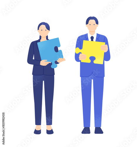 問題解決や連携のイメージ。パズルのピースを持つビジネスマンとビジネスウーマンのイラスト素材。