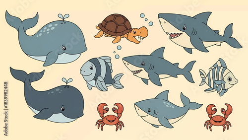 Cute Cartoon Marine Animals Collection with Whales Sharks Fish Turtle and Crabs.