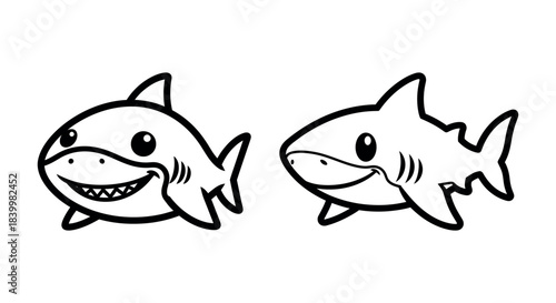 Two cartoon sharks smiling and looking friendly and cute, isolated on a white background