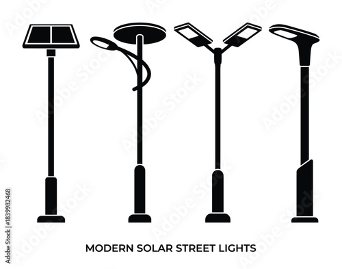 Modern solar lights set; street lights; black silhouettes; energy saving; outdoor lighting; sustainable technology.