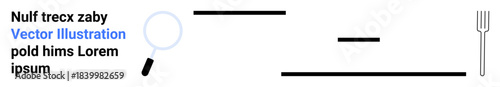 Data analysis, exploration, cybersecurity, search, culinary study, minimalism. Abstract arrangement with a magnifying glass, fork and lines. Data analysis and exploration visual concept