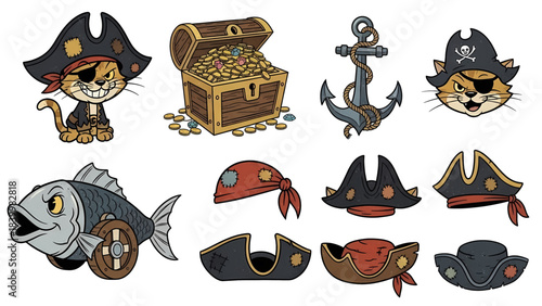Cute Cartoon Pirate Cat Character Treasure Chest Anchor Hats and Fish Vector Set.