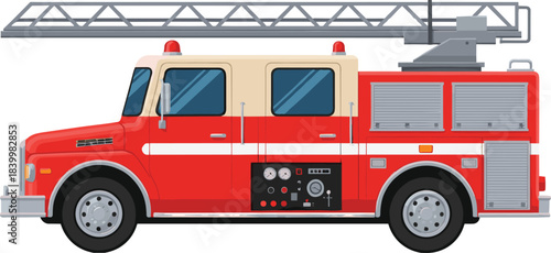 Realistic red fire truck vector illustration featuring ladder, emergency lights, equipment compartments, rescue vehicle design and detailed elements