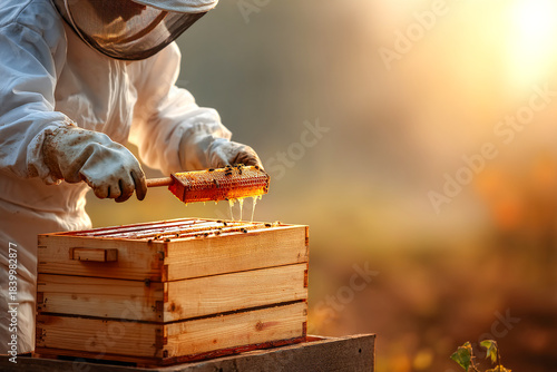 Bee keeper in white suit works on honey hive at sunset Generative AI