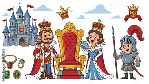 Happy cartoon king queen and knight with majestic castle golden throne and royal jewels.