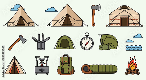Camping and Outdoor Adventure Gear Icons