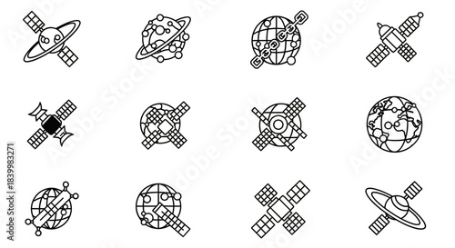 Space and Global Network Technology Line Icons