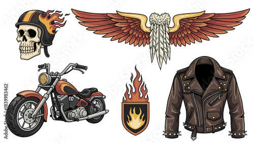Classic Motorcycle Biker Culture Elements Set with Helmet Wings Jacket and Bike.