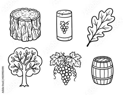 Nature grape themed elements stump, tree, grapes, leaf and barrel, cork collection