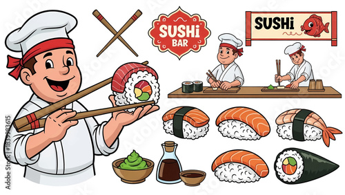 Happy cartoon sushi chef holding a maki roll with chopsticks.