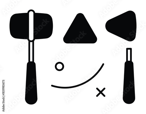 Neurology diagnostic reflex hammer. Medical instrument black icon set. Flat design vector illustration