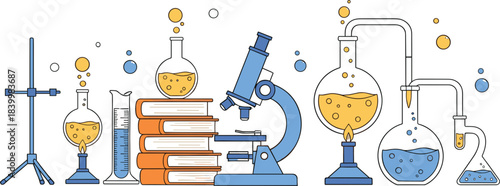 Science laboratory equipment illustration with microscope, chemical flasks, books, beakers, burners and experiment setup in line art style