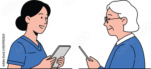 Caregiver Assists Senior Woman with Digital Health Records, Home Care Technology, and Telemedicine Consultation, Nurse Using Tablet for Patient Data Management.