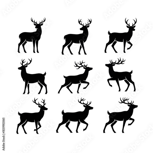 Collection of Silhouettes of Deer in Various Poses, Representing Wildlife and Nature