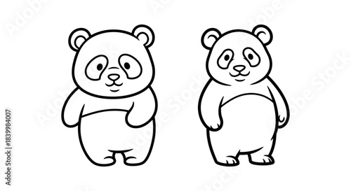Charming hand-drawn cartoon panda bears in black and white line art style, perfect for kids' designs, animal themes, and adorable character illustrations