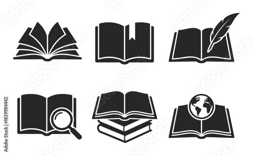 Open book icon designs. Education symbols. Study and learning. Magnifying glass and world map.
