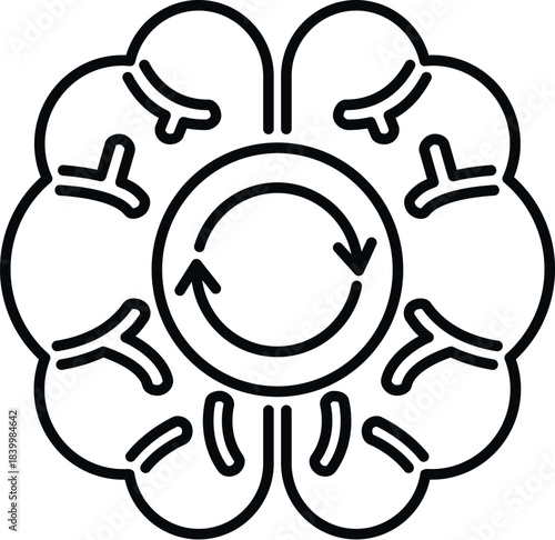 Brain icon illustrating a thinking cycle, process, creativity, and idea flow