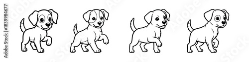 Four delightful cartoon puppies in a dynamic animated sequence, showcasing their playful spirit and innocent charm, ideal for children's designs or pet projects