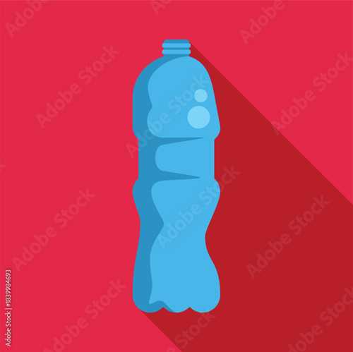 Empty blue plastic bottle with a long shadow on a red background