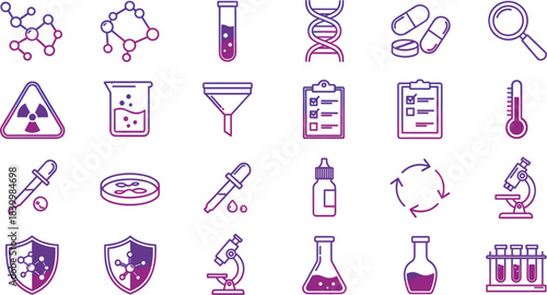 Science laboratory icon set with DNA, molecules, test tubes, microscopes, beakers, medical tools and research symbols