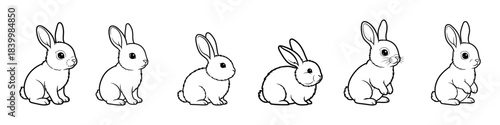 Collection of cartoon rabbit icons in a line, depicting different stages of sitting