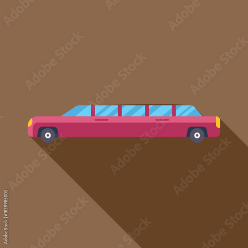 Pink limousine flat illustration casting a long shadow, depicting luxury travel and special events