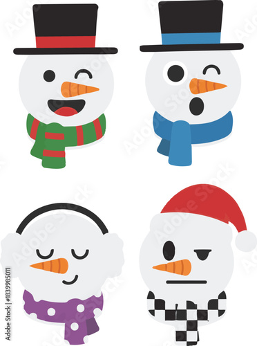 A set of four cute vector snowman illustrations with diverse expressions and winter accessories, including top hats, earmuffs, a Santa hat, and colorful scarves featuring stripes, polka dots, and chec