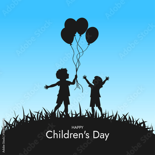 Children's day festive flat vector banner on blue background kids playing with balloons