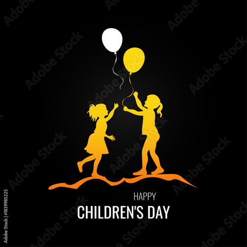Children's day festive black banner with yellow and white illustration of children with balloons