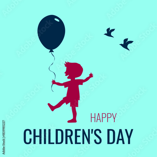 Silhouette of a boy with a balloon in his hand vector banner for Children's Day bright background