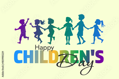Flat modern children's day holiday banner silhouette of children in color gradient
